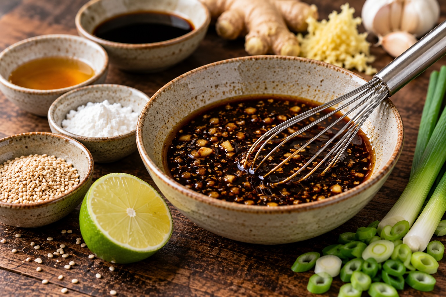 Wok-Sauce mit Sojasauce, Sesamöl, Ingwer, Knoblauch und Limette